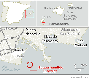 Buque hundido en Ibiza, Islas Baleares (Gr&aacute;fico: elmundo.es)