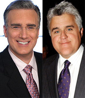Los presentadores Keith Olbermann y Jay Leno.