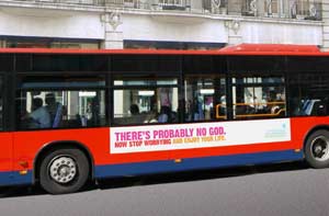 Montaje del cartel que se colocará en los autobuses cuando empiece la campaña publicitaria. (Foto: Atheist Campaign)