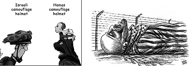 Shlomo Cohen acusa a Hamas de usar niños y Carlos Latuff compara la muerte de palestinos con el Holocausto.