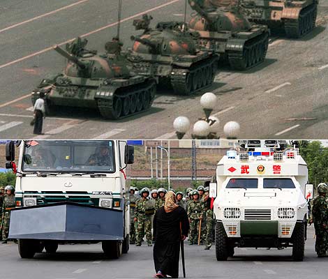 Un hombre se enfrenta a los tanques en Pekín y una mujer hace lo mismo en Urumqi. | AP | Reuters