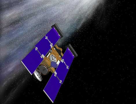 Recreación artística de la sonda Stardust atravesando la cola del cometa. | NASA - JPL. Recreación artística de la sonda Stardust atravesando la cola del cometa. | NASA - JPL.
