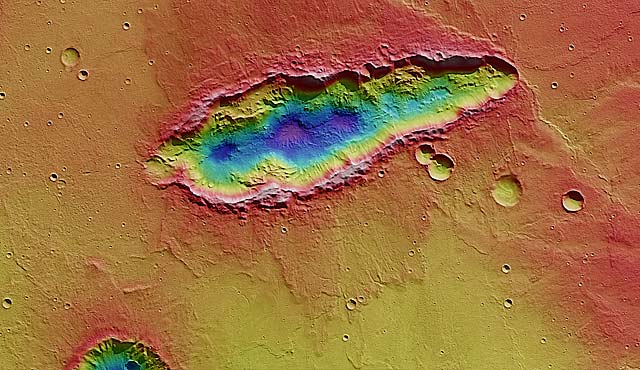 Imagen 3D del cráter alargado en Marte. | ESA/DLR/FU Berlin (G. Neukum)