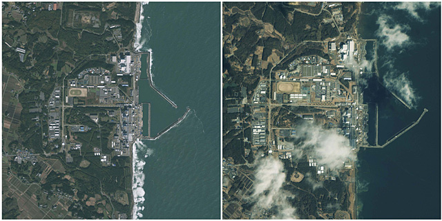 La central nuclear de Fukushima Daiichi, antes y después del terremoto. | Reuters/GeoEye