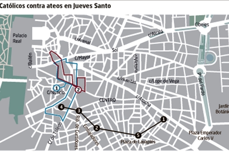 Trayecto de las procesiones cat&oacute;licas y el de la atea.