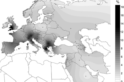 Mapa de los linajes mitocondriales de la cueva Treilles. El gradiante indica el porcentaje de linajes compartidos entre poblaciones neolíticas y modernas. | PNAS