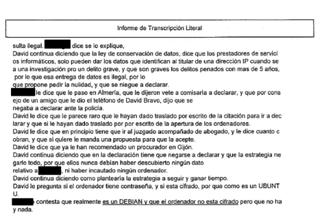 Parte de una de las transcripciones literales entre un acusado y su abogado.