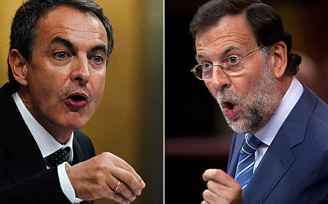 Zapatero y Rajoy, en un momento de sus intervenciones en el debate. | AP y Reuters