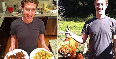 Zuckerberg, con dos platos (izquierda) y un pollo (derecha). | Facebook