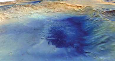 El cráter McLaughlin en una perspectiva en 3D. | HRSC/MarsExpress El cráter McLaughlin en una perspectiva en 3D. | HRSC/MarsExpress