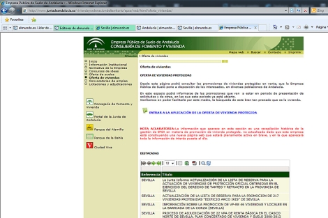 Página web de EPSA con un enlace (en azul) a la 'Oferta de vivienda protegida'.