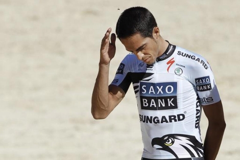 Alberto Contador, en un momento de la presentación. (AFP)