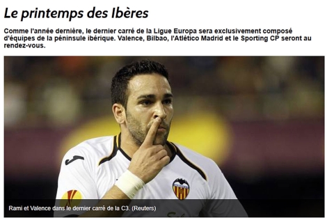 'La primavera de los íberos', según L'Equipe con el francés del Valencia Rami tocándose la nariz.