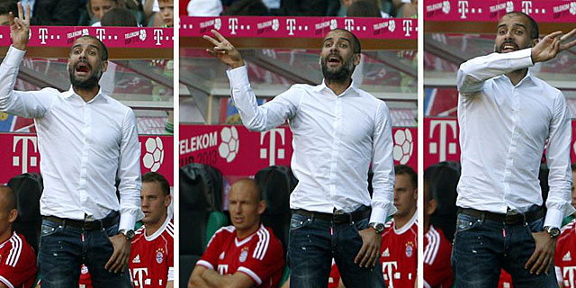 Guardiola y sus gestos en el partido contra el Hamburgo. (AFP)