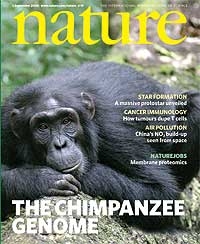 Portada de la revista 'Nature' donde se publica el borrador de la secuenciación del genoma del chimpancé. (Foto: 'Nature')