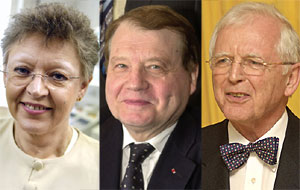 Fran&ccedil;oise Barr&eacute;-Sinoussi, Luc Montagnier y Harald zur Hausen. (Foto: AFP)