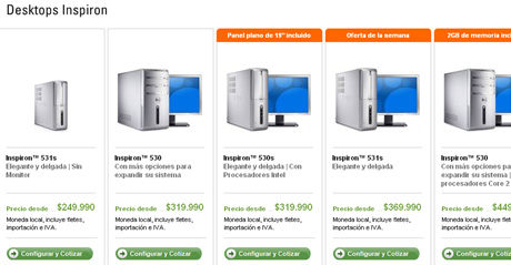 Vista de la página 'web' chilena de Dell con el precio corregido del Inspiron 530.