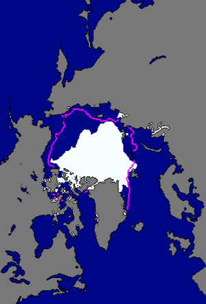 La extensión del hielo tras el verano de 2008. La línea rosada marca la media de los últimos 30 años. (Foto: NSIDC)