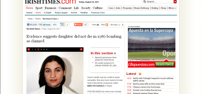 La página web de Irish Times, mostrando una foto de la supuesta Hana Gadafi. | EM